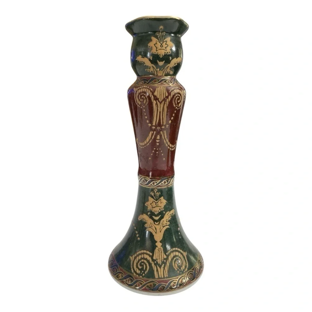 Vintage Andrea by Sadek Ceramic Candlestick Holder Green Burgundy Gold 10